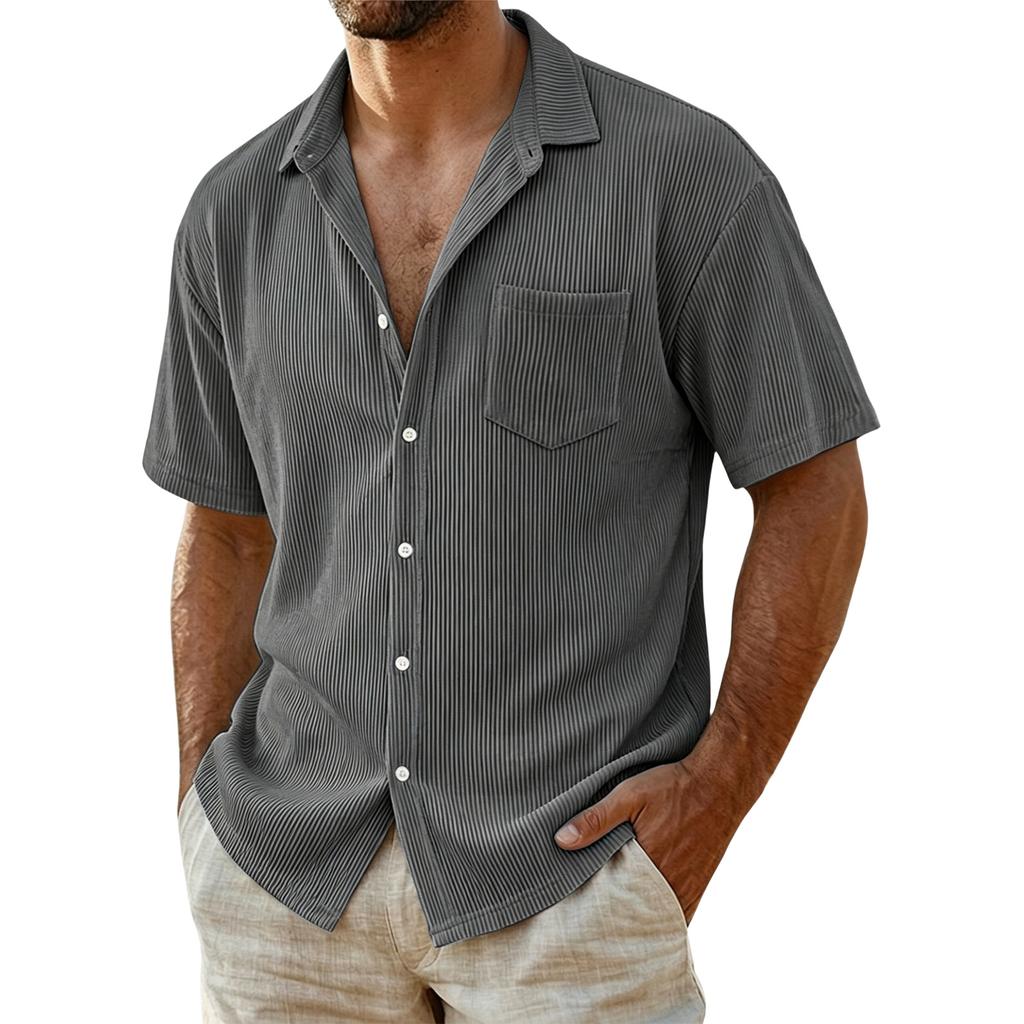 Men Corduroy Shirt Short Sleeve Button Down Casual Loose Fit Collar Pocket Striped Lightweight Summer Shirt