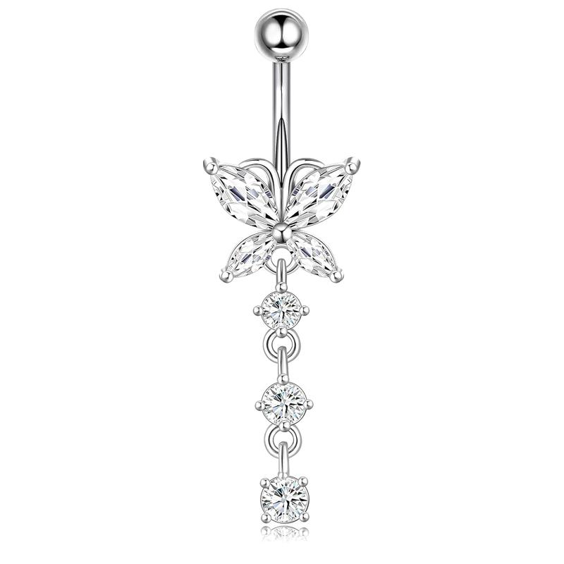 Damen Edelstahl Sexy Strand Schmetterling Zirkon Anhänger Perforierte Bauchnabelringe 10mm Vergoldet Drittanbieter-Zertifiziert Trendig