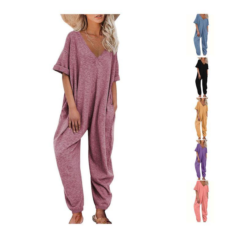 Solid Color V-neck Long Pants Jumpsuit Women Solid V-neck Trousers Jumpsuit