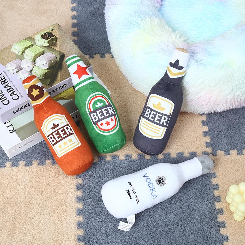 Plush Vodka Whiskey Bottle Squeaky Dog Toy - Chew Resistant & Teething Friendly