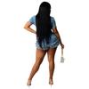 Lente Zomer Dames Streetwear Denim Jumpsuits Turn-Down Kraag Enkelrijige Korte Mouw Kwast Skinny Rompers