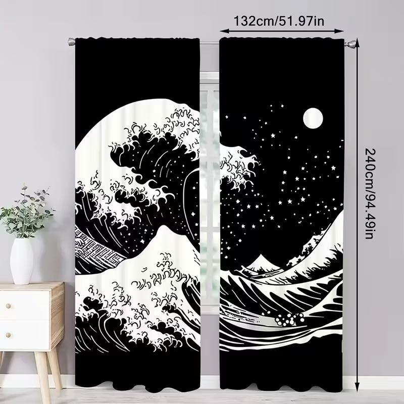2 Pcs Waves of Kobe Bay Print Curtains,suitable for Bedroom,living Room Kitchen Decoration,home Decoration,window Decoration