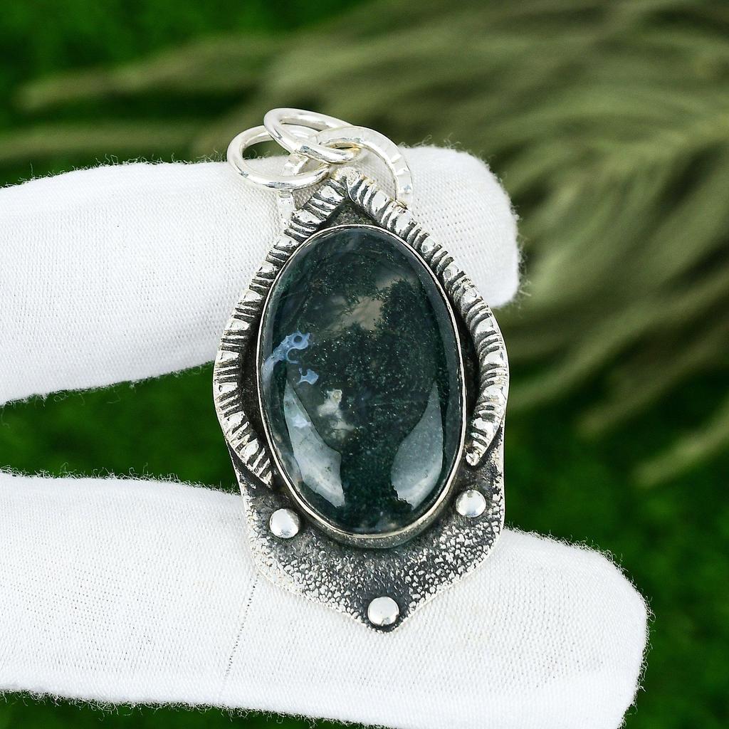 Natural Solar Moss Agate Gemstone Jewelry 925 Sterling Silver Pendant For Women