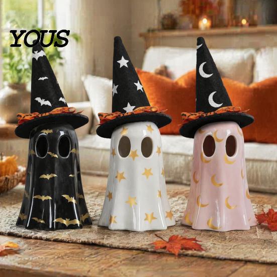 Kids Bedroom Night Light Up Ghost Halloween Decoration, Cute Spooky Witch Hat Figurine, Gifts for Resin LED Lighted Statue Mantel, Shelf, Indoor Home