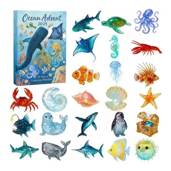 2025 Adventní kalendář s mořským životem 24 dní Vánoční odpočítávací kalendář s tématem oceánu s 24 ozdobami oceánských zvířat pro milovníky oceánu, děti, sběratele