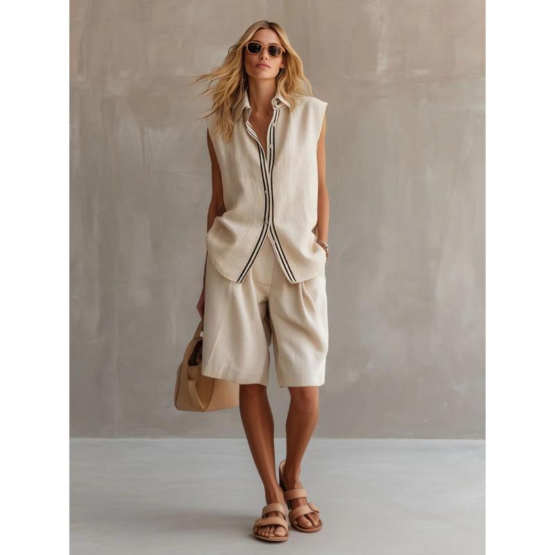 Women Linen Sleeveless Shirt And Shorts Set Summer Casual