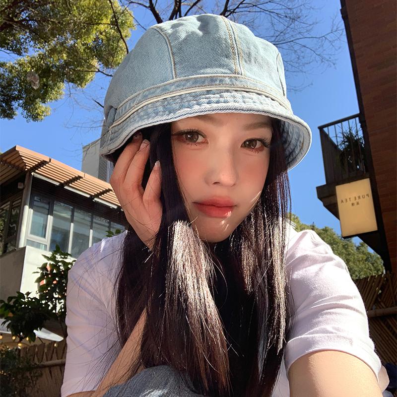 Retro Denim Bucket Hat Women's Spring Summer Big Head Circumference Painter Hat Showing Face Small Short Brim Beret Drape Pile Hat