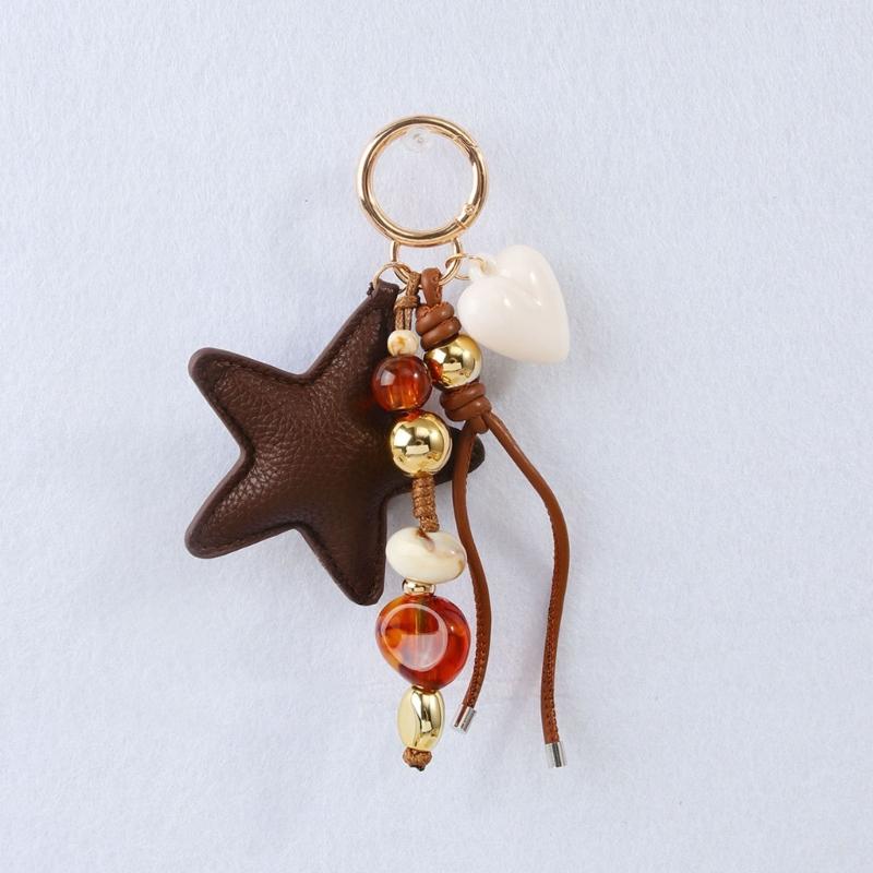 Bag Charm Keychain With Star Pendant Beaded Cord and Gold Tone Detail for Keys Daily Bags Purse Decoration and Daily Carry Styling Use