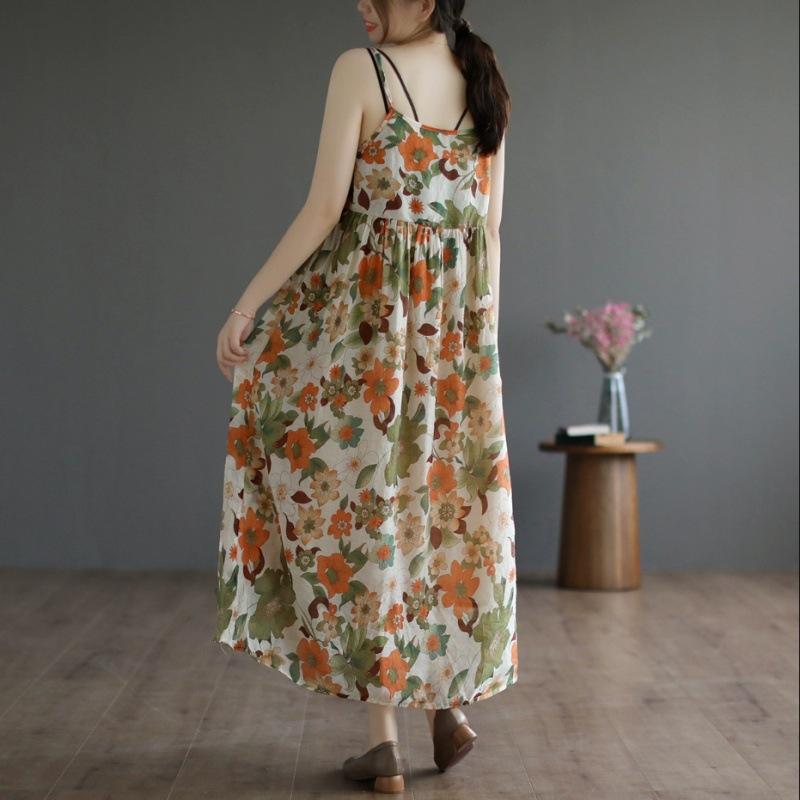Sleeveless Strap Cotton Vintage Floral Dresses for Women Casual Loose Long Summer Dress Elegant Clothing