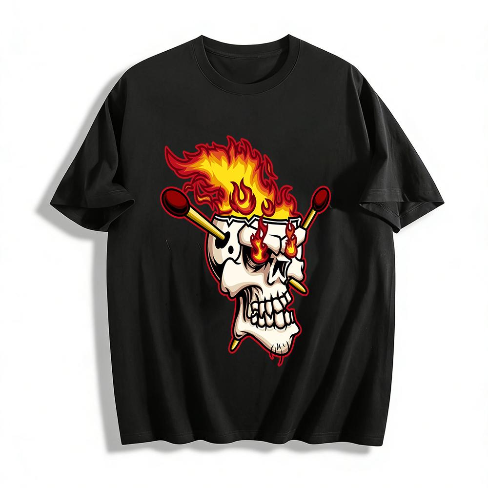 Flaming Skull Match Graphic Streetwear Casual Short Sleeve Tee Pure cotton T-shirt XXS