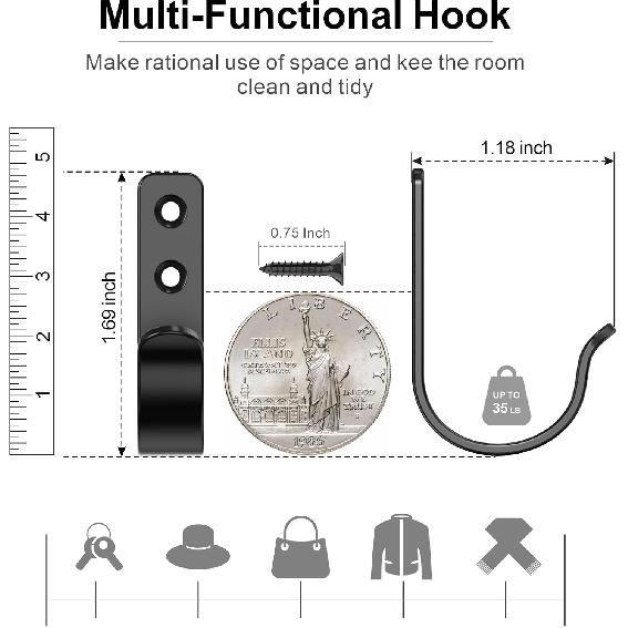15-Pack Black Metal Wall Hooks, Heavy Duty Coat Hooks Wall Mounted for Hanging, Screw in Hooks for Towel, Clothing, Robe, Single Hooks for