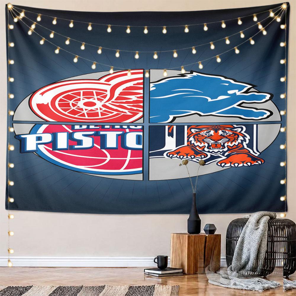 Detroit Sports Team Logos Collage Pattern Wall Hanging Tapestry Decorative Tapestry Home Decor for Bedroom and Living Room