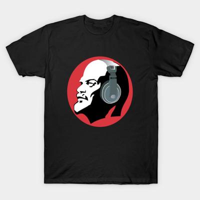 T-shirt męski z czarnym nadrukiem Super Large T-shirt Lenin ze słuchawkami Bawełniany t-shirt No-Transfer Transfer Paper Print