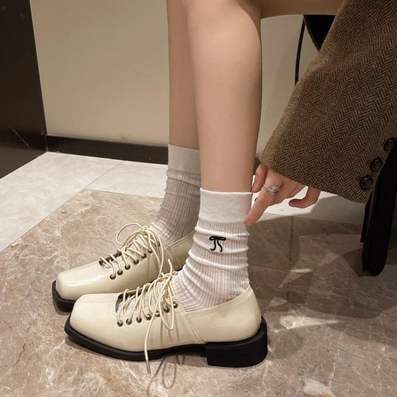 Fashion Fall New Coarse Heel Shoes Women's Fashion Square Head Center Front Lacing Anti-slip Wear-resistant Low-top Shoes