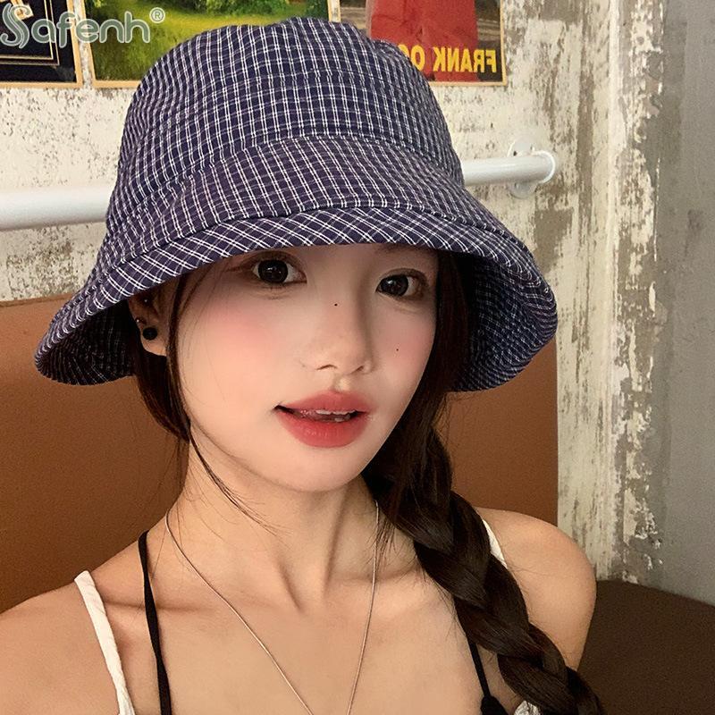 Fashion Summer Plaid Bucket Cap Curled Bow Plaid Sun Hat Foldable Quick-dry Fisherman Caps Outdoor Mountaineering Hat