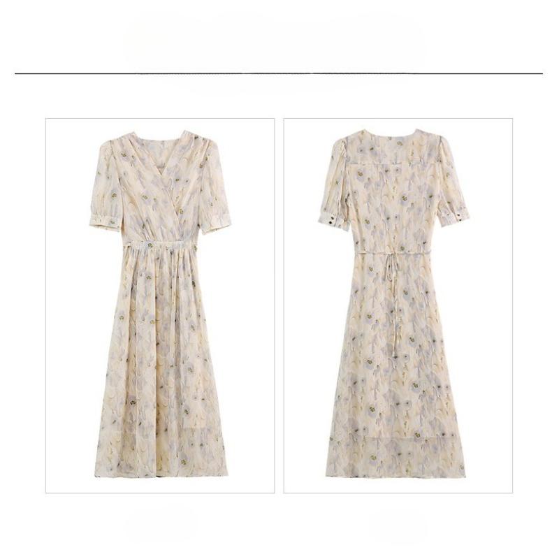French Style Floral Dress Women Summer Long V Neck Slim Fit Elegant Tea Dress Flowy Long Dress