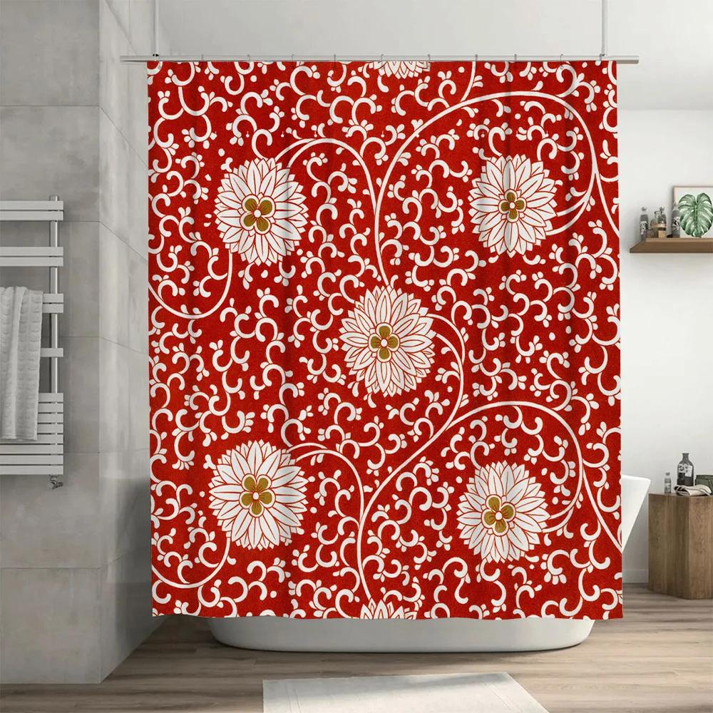 Decorative Bath Curtains Floral Red White Print Shower Curtain For Bathroom Decorations Waterproof Fabric With Hook Ring