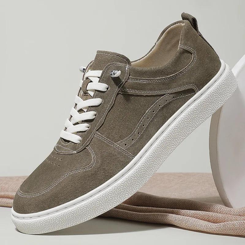 New Fashion Men Genuine Leather Casual Shoes Suede Flat Skate Shoes Young Man Lace-up Loafers