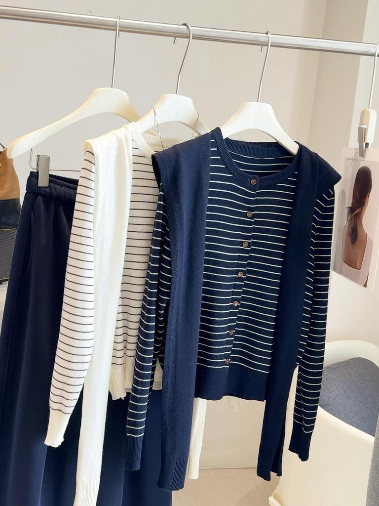 Women's 2025 Spring/Autumn Striped Knitwear Set: Round Neck, Short, Loose-Fit Sweater & Base Shirt.