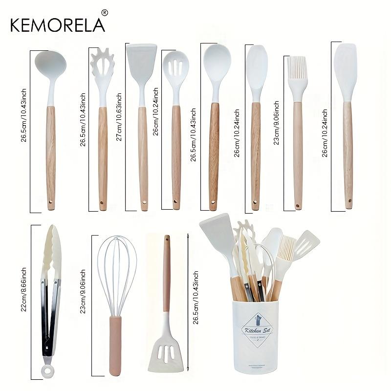 12PCS Silicone Kitchen Utensil Set with Wooden Handles Include Spatula, Spoon, Whisk, Whisking Pad, Heat Resistant, Durable