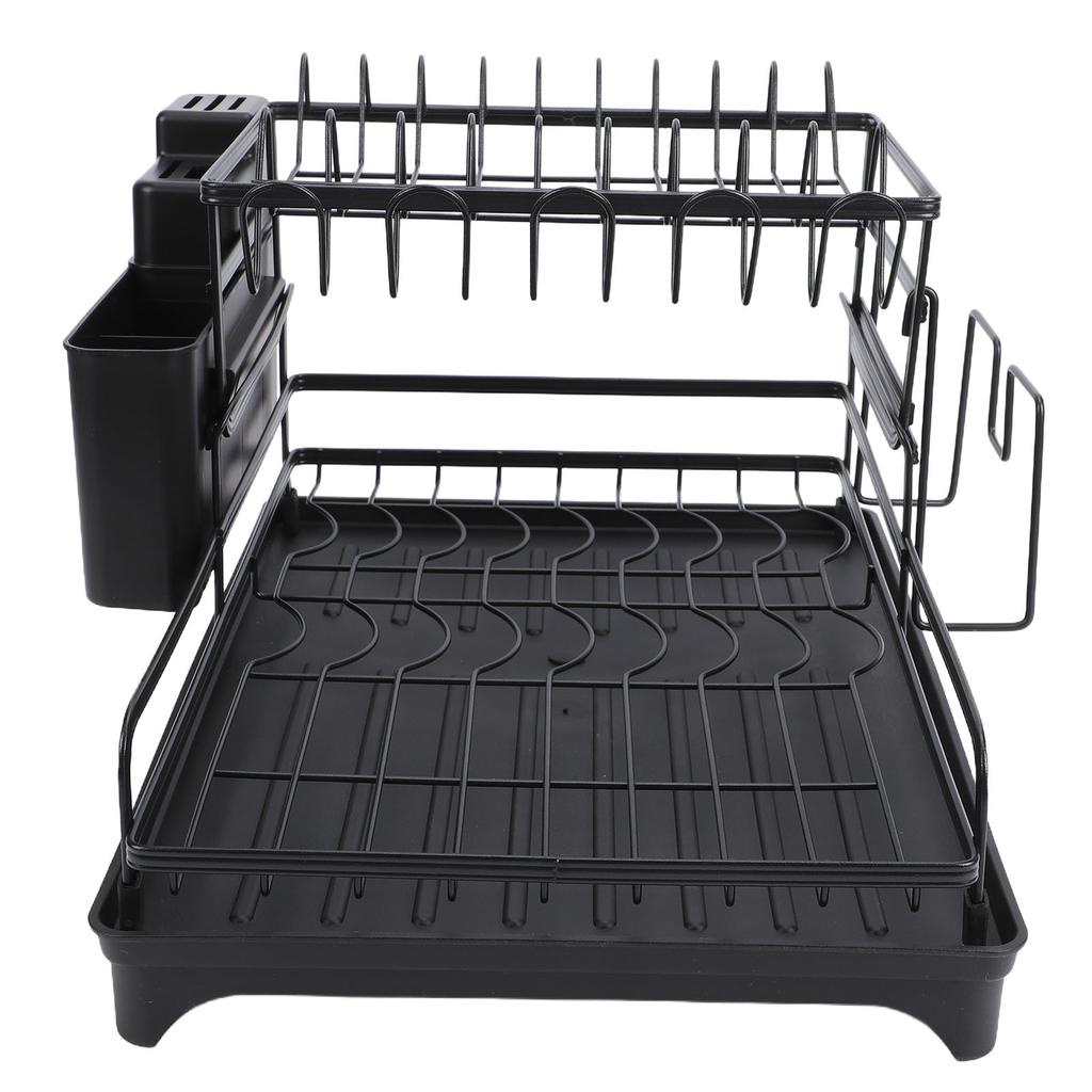 Dish Drying Rack Black Minimalist Space Saving Carbon Steel 2 Tier Dish Drainer for Kitchen Counter