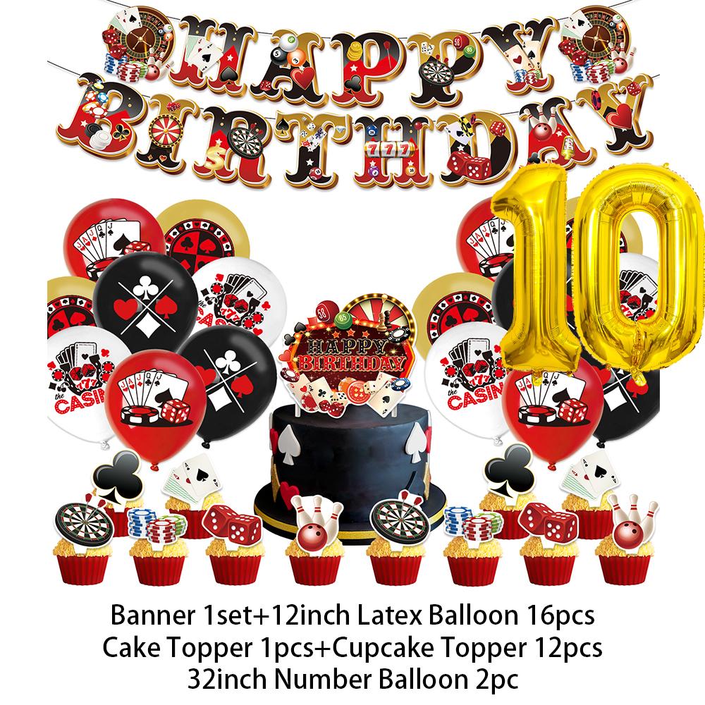 Casino Poker Chips Theme Birthday Party Decorations Playing Cards Money Golden Glitters Red Curtain BalloonS Cake Topper Banner