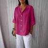 T-shirt da donna estiva nuova, larga, in cotone e lino, con scollo a V, bottoni, casual