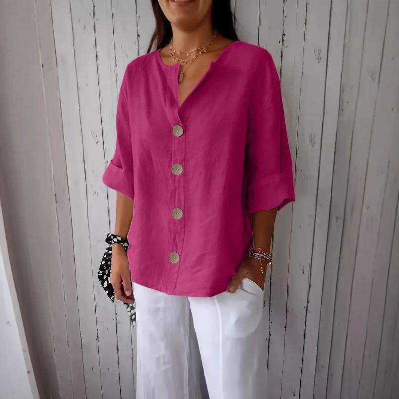 T-shirt da donna estiva nuova, larga, in cotone e lino, con scollo a V, bottoni, casual