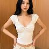 European and American Urban Minimalist Style Lace Patchwork V-Neck Twist Design T-Shirt, Sexy Slim-Fit Elegant Knitted Short Top