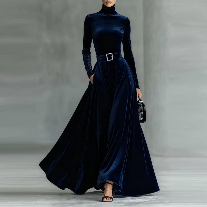 European and American Women's High Neck Long Sleeve Evening Gown Skirt