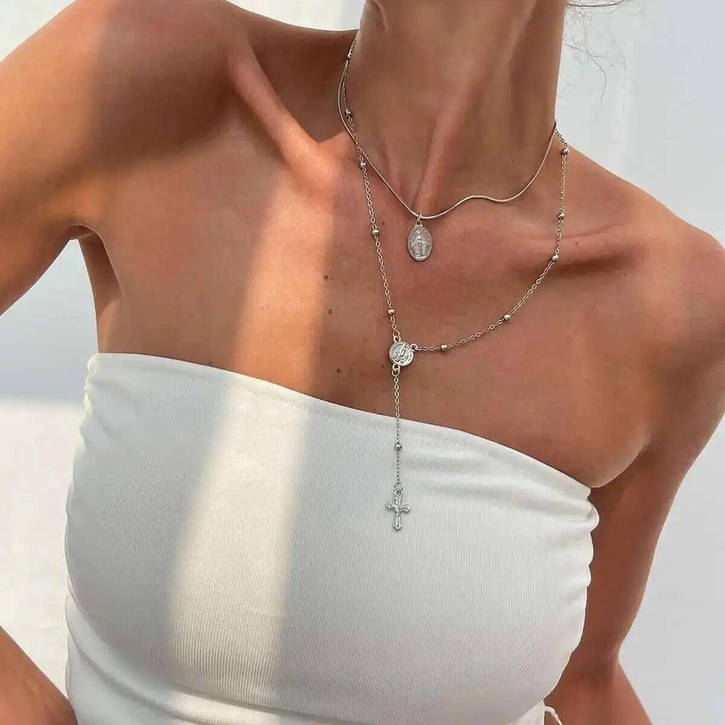 Salircon Hip Hop 2Pcs/Set Unique Cross Pendant Necklace for Women Fashion Metal Collarbone Chain Y2K Party Jewelry Gift New