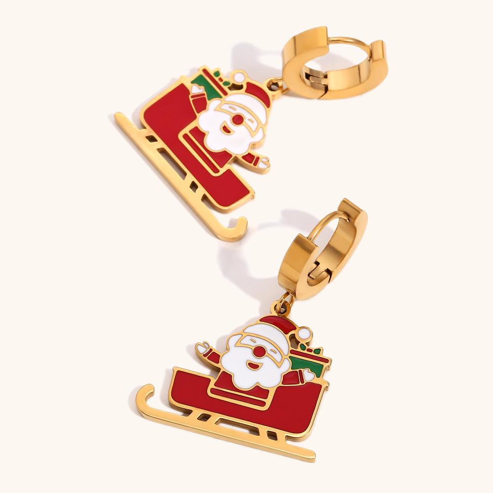 Santa Claus Drip Oil Earrings: 18K Gold-Plated Stainless Steel Sleigh Design