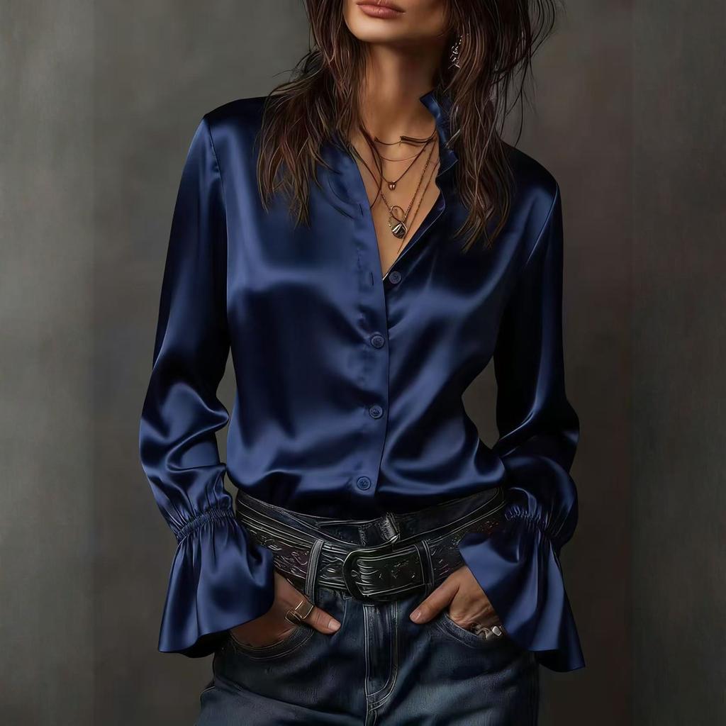 Long Sleeve Satin Button Down Shirt for Women with Flared Cuffs Classic Collar Relaxed Fit Silky Blouse Top