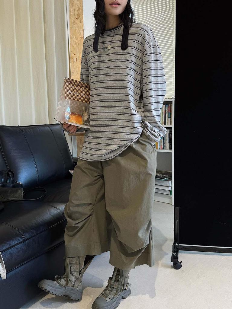 Louvre Spring Retro Korean Stripe Color Block Round Neck Casual Women's T-Shirt