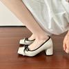 Retro pig nose leather ballet shoes women's bow silver outer wear light mouth thick heel square head Mary Jane shoes