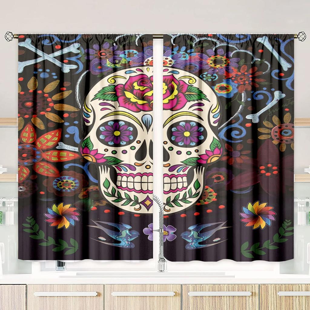Gothic Skull Print Curtains Piece Polyester Set Bedroom Living Room Study Decor Edgy Rocker Window Treatment Curtain For Sitting Made Of