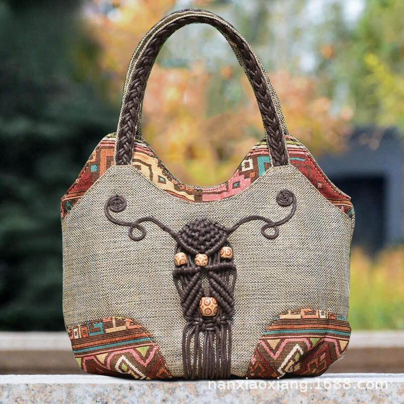 Vintage Leinen Handtasche für Damen Nationaler Stil Top-Handle Tasche Mittleren Alters Damen Schultertasche Kunst Tote Mutter Geldbörse 2025