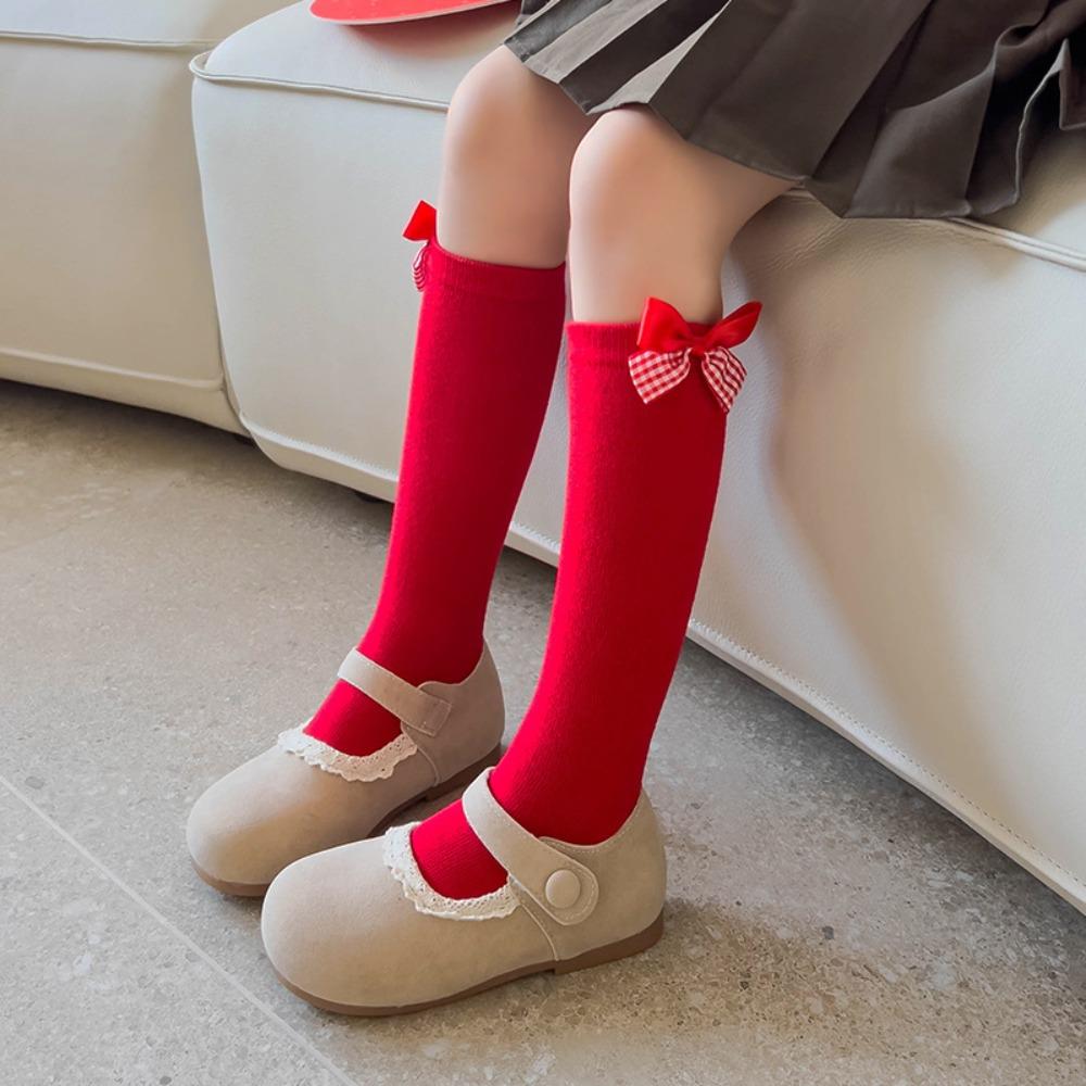MidTube Bow Hosiery for Kids Cotton Children Long Socks Sleeping New Year Red Socks  Autumn