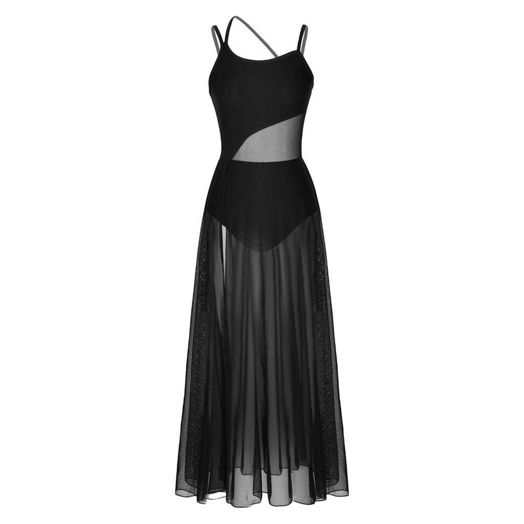 Dance Costume Practice Wear Mesh Splice Asymmetrical Mesh Maxi Dance Dress with Built-In Leotard