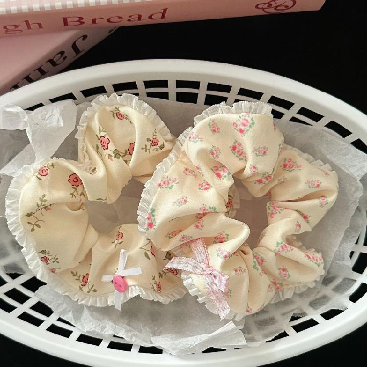 Lace Trimmed Floral Hair Scrunchy Hair Decors Stretchy Soft Fabric Ponytail Holder for Women Girls Various Hairstyles