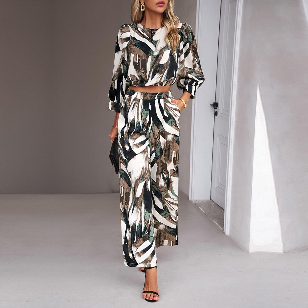 Frauen Herbst Winter Drucken Zwei Stück Set O Hals Langarm Hohe Taille Hose Anzüge