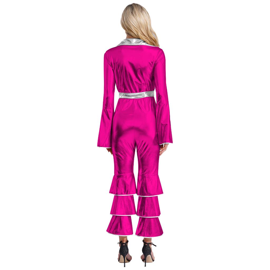 Traje Disco para Mujer Años 70 Prom Brillo Acampanado Mono Fiesta Disfraz Halloween Cosplay Ropa de Club