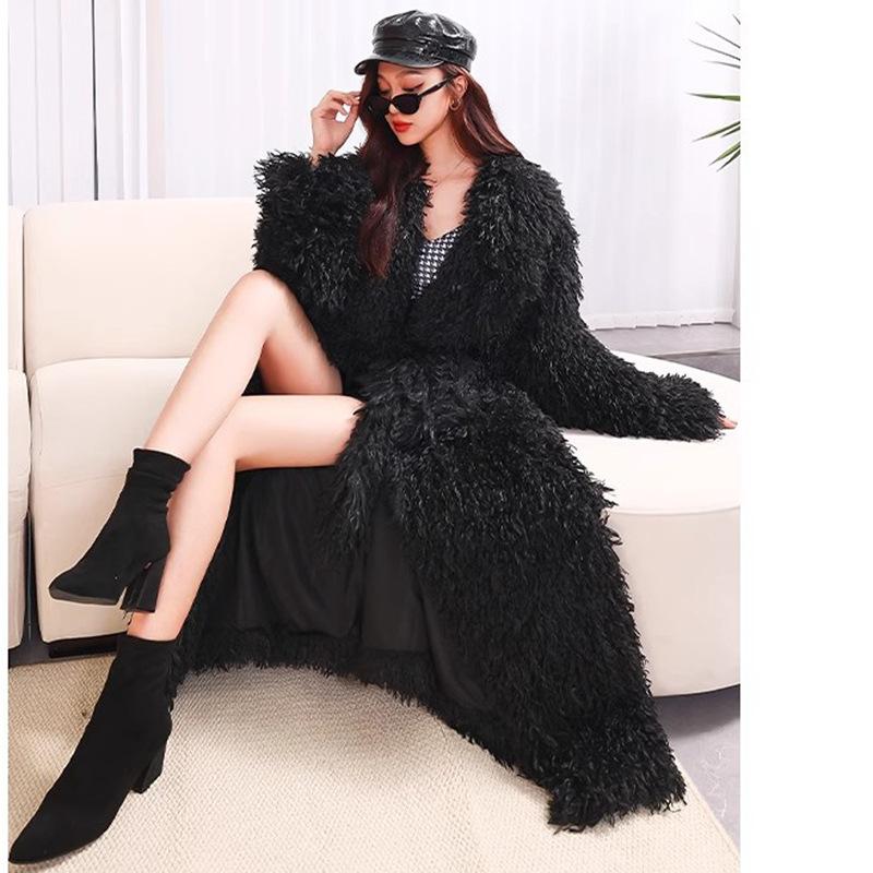 Women's toka roll wool fur coat lamb wool coat lace-up casual warm winter extended plush coat