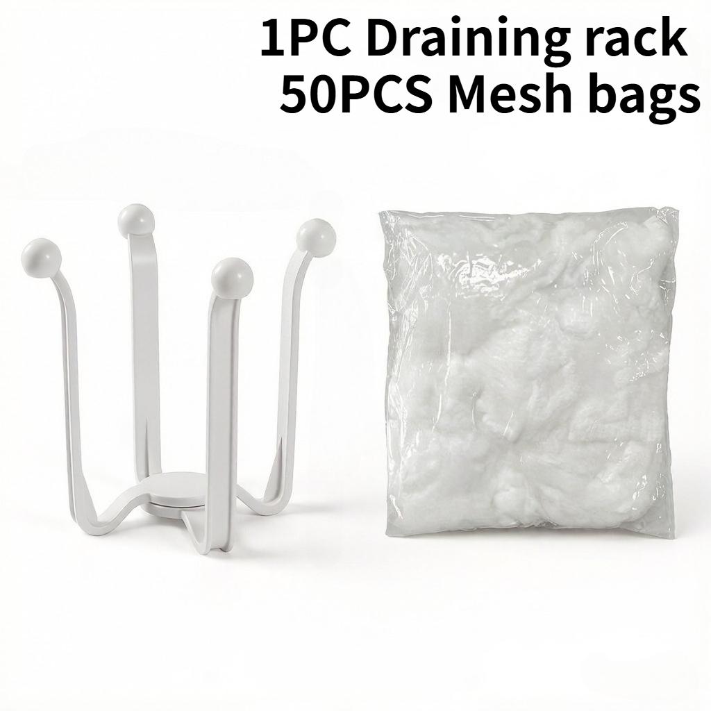 

1set Kitchen Sink Strainer & Drain Rack - Durable Plastic, Open Storage Design for Easy Cleanup,50 mesh bags,1 drainage rack