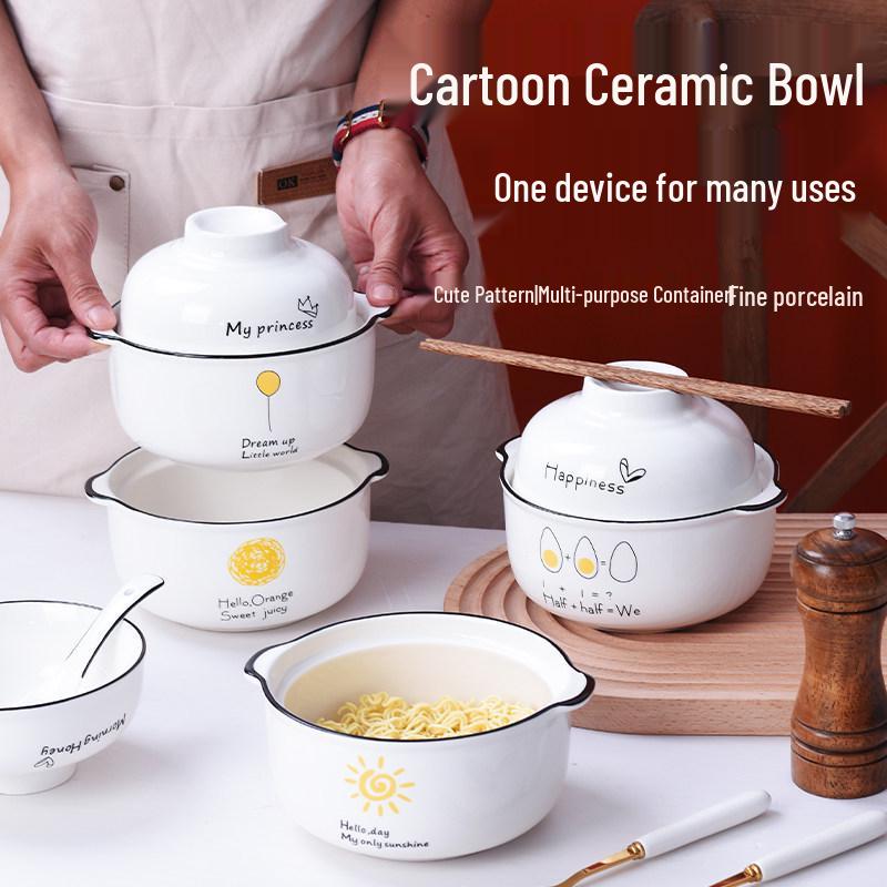 Ceramic Instant Noodle Bowl with Lid & Chopsticks - Microwave Safe Tableware Set for Dorms Simple Bowl