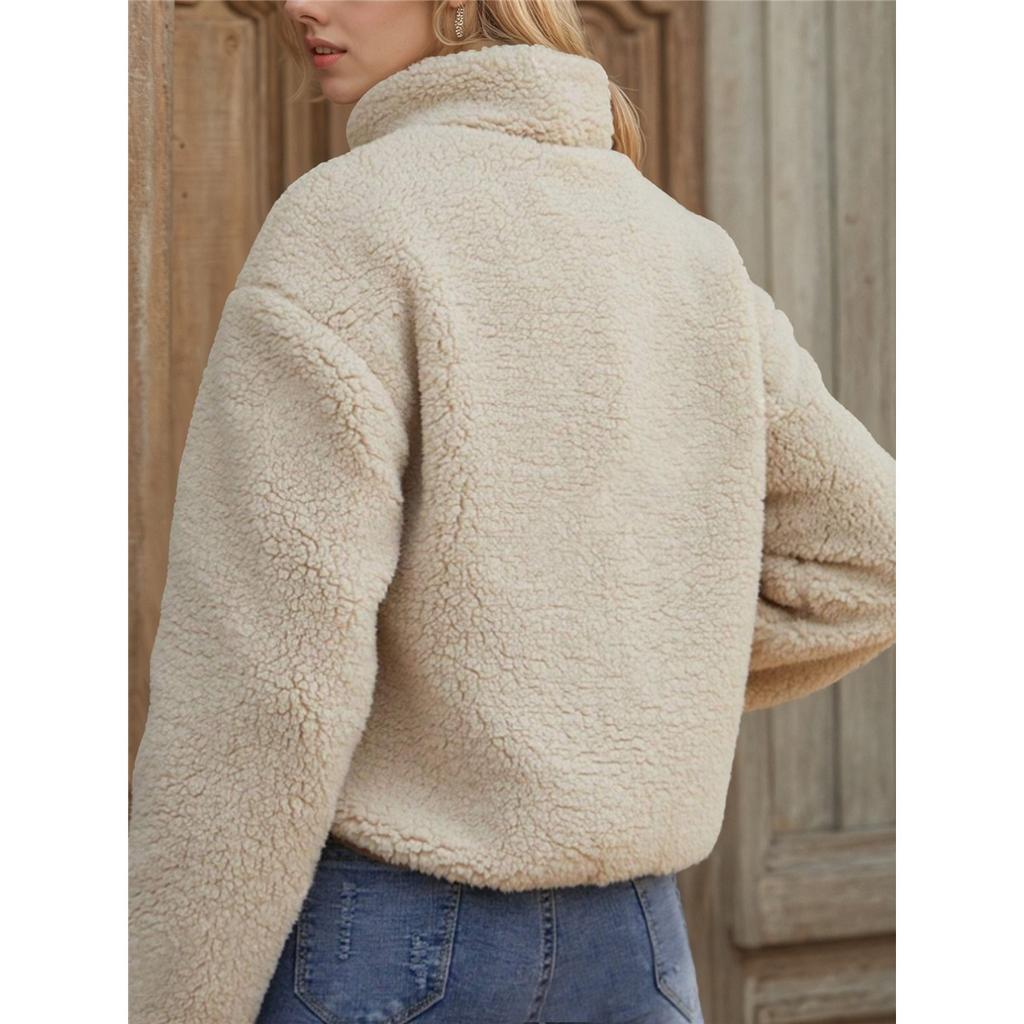 Women Fleece Zip‑Up Jacket Stand Collar Contrast Patch Pocket Long Sleeve Loose Warm Sherpa Coat Casual Outerwear