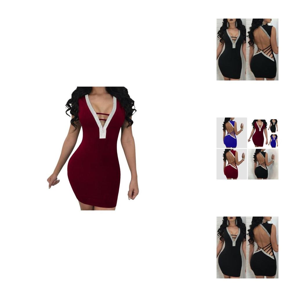Stunning Women Sexy Deep V Rhinestone Backless Mini Dress For Special Events