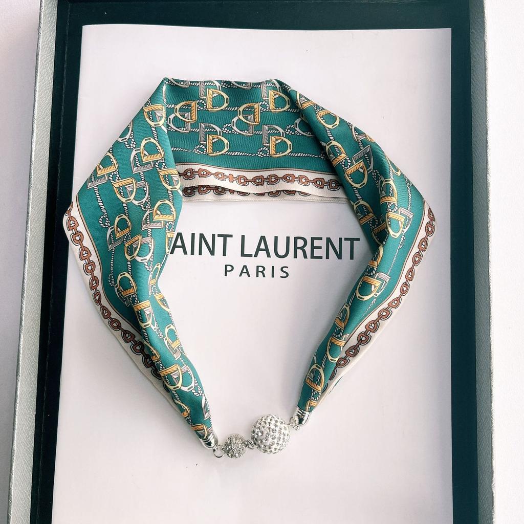 Spring and summer new Japanese and Korean fashion simulation silk long strip magnetic buckle small silk scarf necklace multi-functional scarf streamer