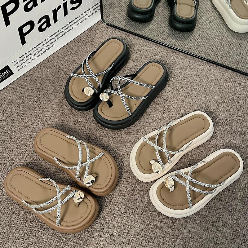 Fashion 2024 New Slippers Women's Summer Fairy Style Outer Wear Fashion Style Pearl Thick Bottom Roman Beach Slippers Women Shoes