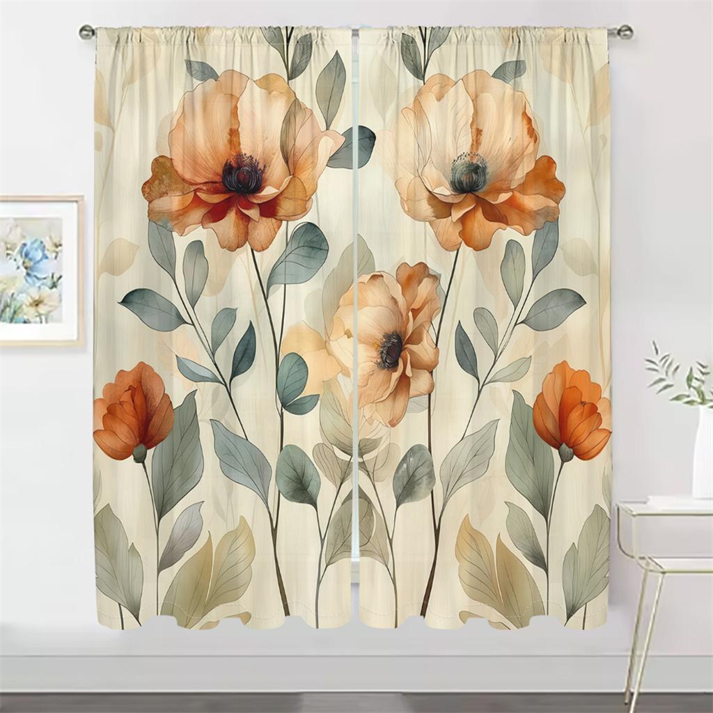 2Pcs Vintage Floral Curtains 3D Orange Poppy Pattern Living Room Bedroom Balcony Sunshade Art Decor Curtains